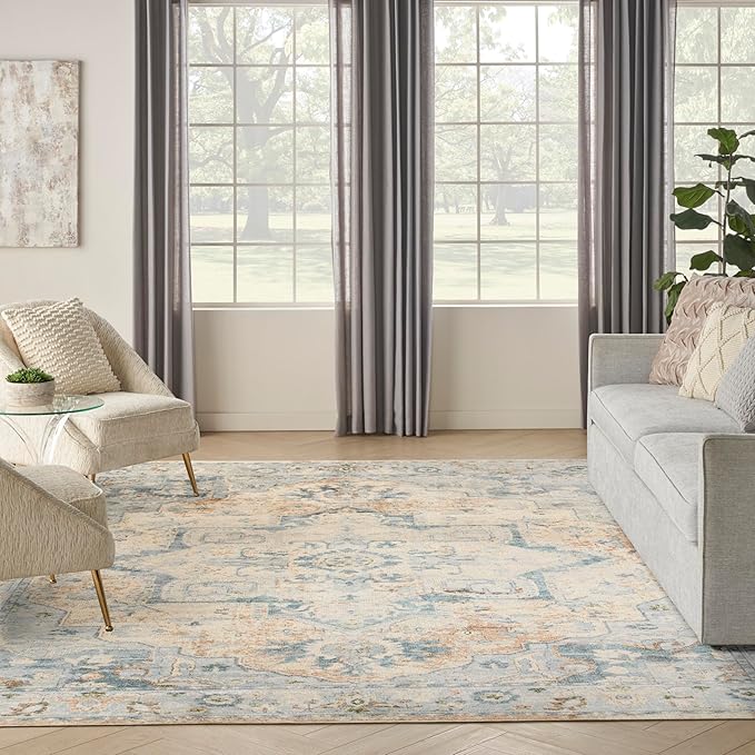 Nourison Home Astra Machine Washable Beige Blue 7'10" x 10' Area Rug - Easy Clean, Non Shedding, Bed Room, Living Room, Dining Room, Kitchen (8' x 10')