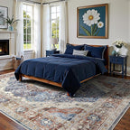 Deerly Rug 8x10 Area Rug Boho Washable Rug Large Rugs for Bedroom Living Room Vintage Non-Slip Oriental Distressed Carpet Indoor Stain Resistant(Border Brown/Navy Blue)