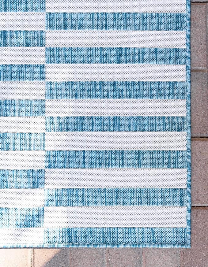 Unique Loom Outdoor Collection Classic Stripes, Transitional Indoor & Outdoor Area Rug, 8' 0 x 11' 0, Blue/ Ivory