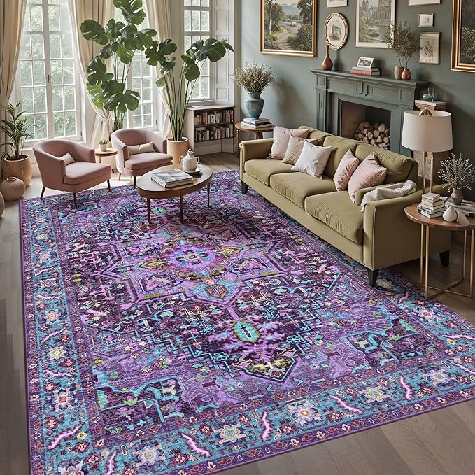 Kokia 8x10 Washable Area Rugs Violet Purple with Vintage Orient Design Soft Rug for Living Room or Bedroom Non-Slip Low Pile Stain Resistance Features Distressed Medallion Pattern