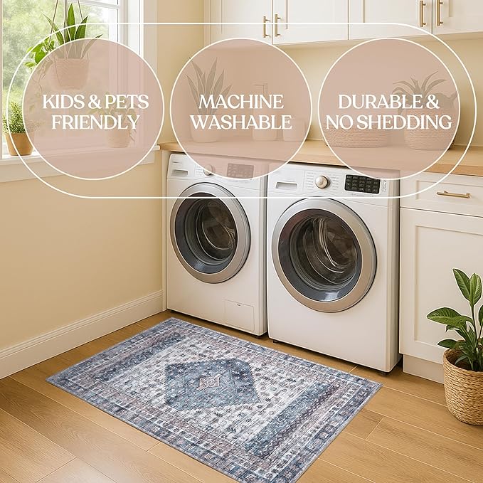 Washable Area Rug. Modern Farmhouse. Vintage. Turkish. Bohemian. Distressed. Oriental. Traditional. Rugs for Living Room. Dining. Bedroom. Office. Entryway. Foyer. (859NC, 2'5" x 6'5")