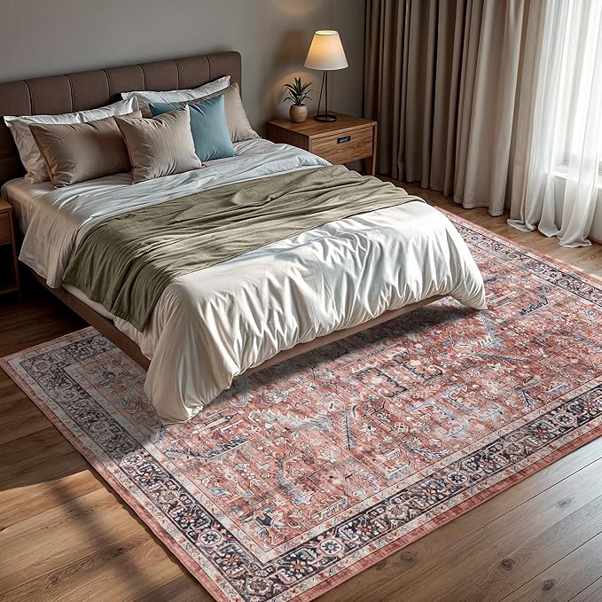 GLN Rugs Traditional Collection - Machine Washable Area Rug, Traditional Washable, Non Slip, Low Pile Chenille Rug, Living Room, Bedroom, Kitchen Rug (5' x 7' Terra/Multicolor 1168)
