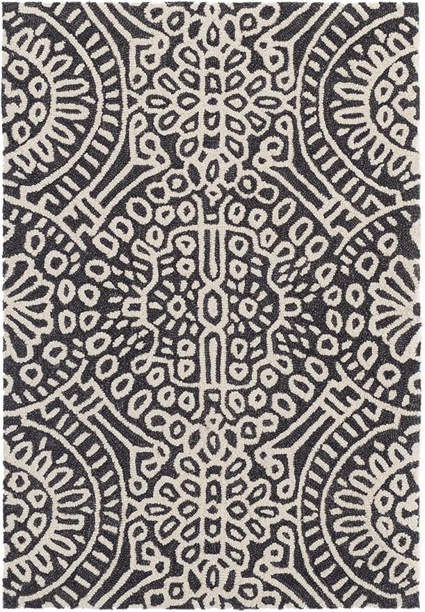 Dash & Albert Temple Charcoal Hand Micro Hooked Wool Rug, 4 X 6 Feet, Grey Geometric Pattern