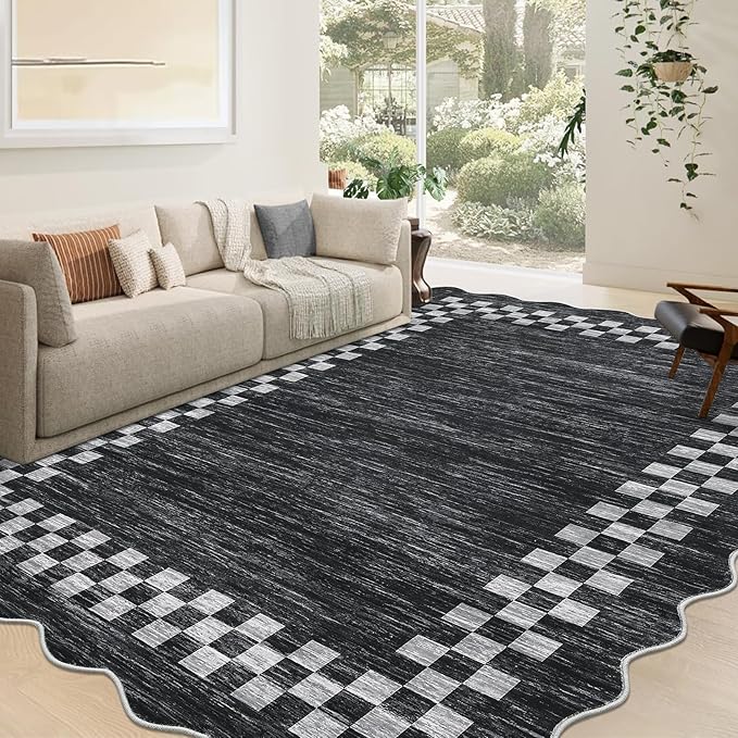 GarveeHome 4x6 Area Rug Small Washable Living Room Rug Scalloped Rug with Rubber Backing Stain Resistant Low Pile Dining Room Throw Carpet Modern Bordered Mat for Bedroom Kitchen, Grey