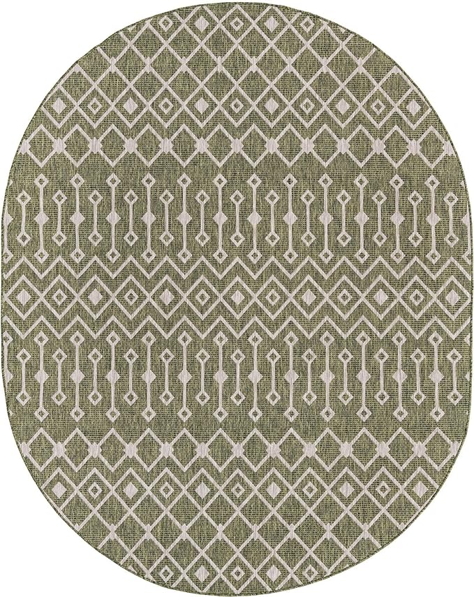 Unique Loom Outdoor Trellis Collection Area Rug - Tribal Trellis (7' 10" x 10' Oval, Green/ Natural)