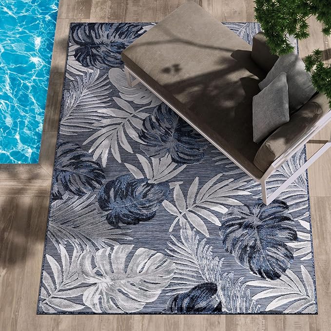 CAMILSON Indoor Outdoor Rug, Navy 7’10”x10’ Leaf Tropical Botanical Area Rugs for Indoor and Outdoor patios, Easy-Cleaning Non-Shedding Living Room, Garden and Kitchen Washable Outside Carpet (8x10)