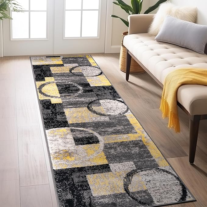 Rugshop Contemporary Circle Design Runner Rug, Fade-Resistant Carpet for Hallway, Kitchen, or Entryway, Yellow, 2' x 10'