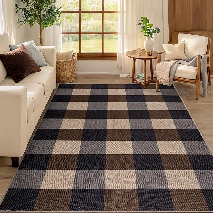 Tangsoo Checkered Easy Jute Rug,3x5 Washable Area Rug for Bedroom,Non-Slip Black Brown Indoor Outdoor Rug Modern Farmhouse Low Pile Carpet for Bedroom Patio Backyard Entryway