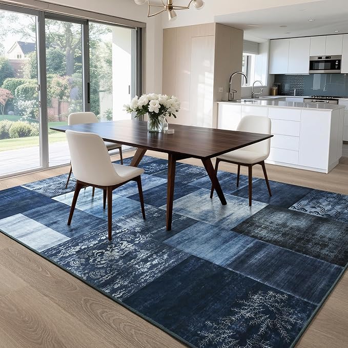 Tepook Modern Area Rug for Living Room, 5x7 Geometric Large Rugs for Bedroom, Washable Patchwork Rug Indoor Non-Slip Throw Carpets for Dining Room Office Farmhouse Home Decor, Blue