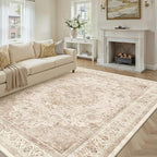 10x12 Beige Washable Vintage Area Rug for Living Room Bedroom Soft Tranditional Non Slip Large Throw Rug Lightweight Floral Low Pile Distressed Carpet Bedroom Playroom Classroom Office