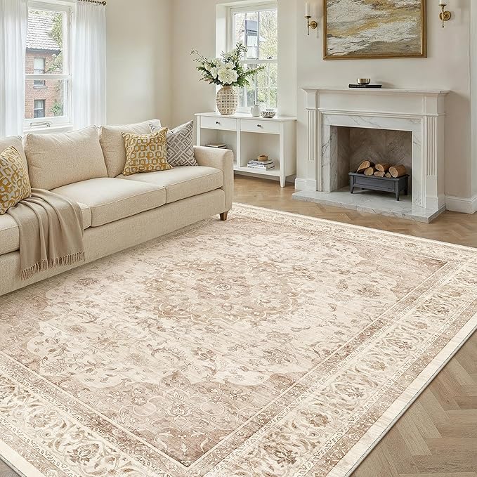 9x12 Beige Washable Vintage Area Rug for Living Room Bedroom Soft Tranditional Non Slip Large Throw Rug Lightweight Floral Low Pile Distressed Carpet Office Playroom Home Decor