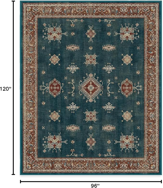 RUGGABLE Washable Vintage Area Rug – Verena Teal Blue 8x10, Stain-Resistant, Non-Slip – Large Machine Washable Rugs for Living Room, Bedroom, Hallway, Entryway & Office–with Cushioned Pad