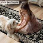 XWZO Runner Rug 2x10ft for Long Hallways, Washable Non-Slip Low Pile Area Rug with Rubber Backing, Spill Resistant Soft Vintage Floor Carpet for Kitchen Entryway Stair Landing Living Room, Black