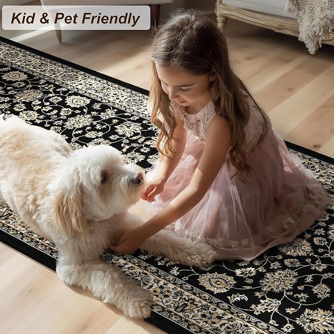 XWZO Runner Rug 2x10ft for Long Hallways, Washable Non-Slip Low Pile Area Rug with Rubber Backing, Spill Resistant Soft Vintage Floor Carpet for Kitchen Entryway Stair Landing Living Room, Black