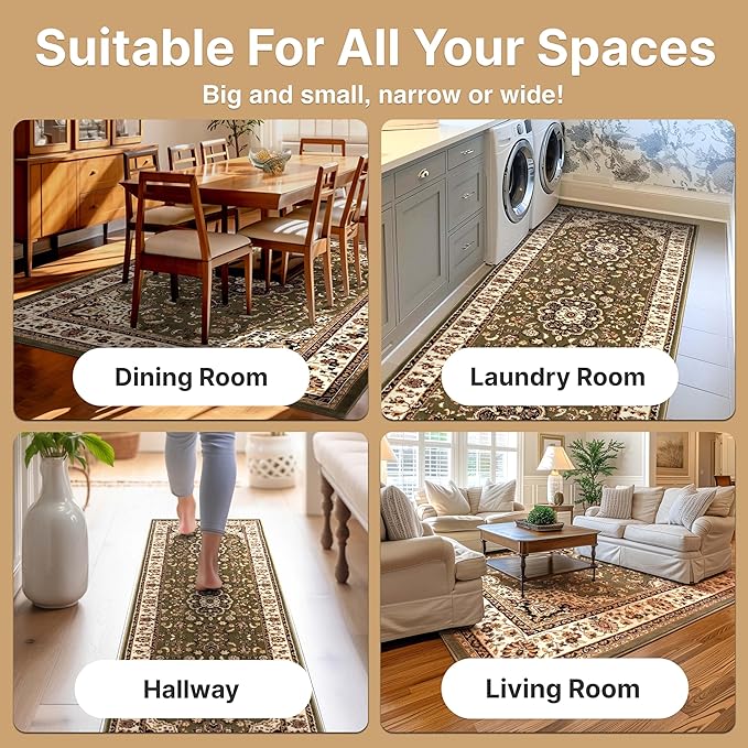 Well Woven Barclay Collection Medallion Kashan Green 2x7 Runner Rug - for Hallways, Kitchens, and Entryways