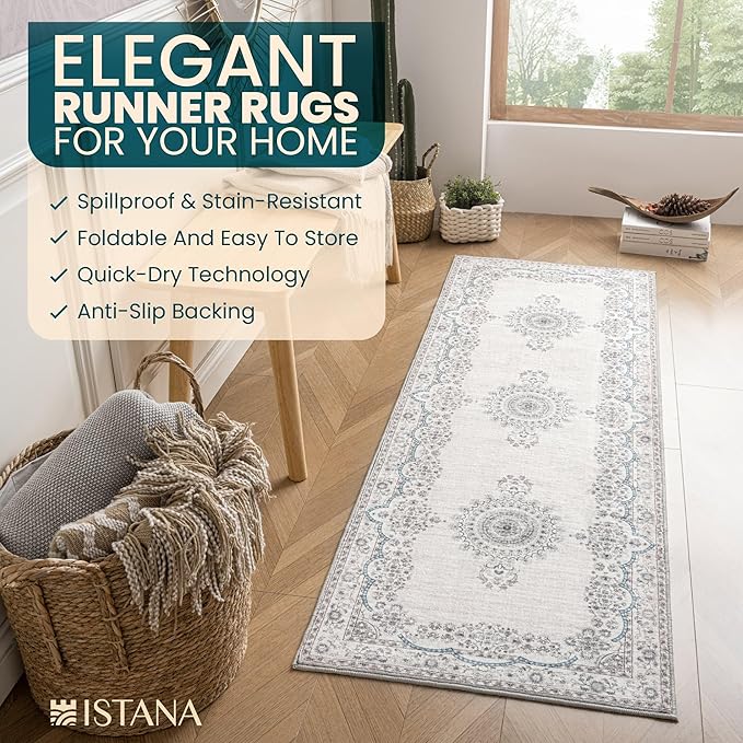 Istana Hallway Runner Rug 2x8 – Pink Beige Whisper/Grey/Blue Entryway Rug -Silk's Soft Touch Runners for Hallways - Stylish Kitchen Runner Rug Non Slip