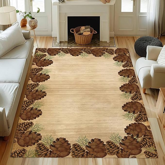 Rustic Lodge Brown Area Rug 5x8ft Pine Cone Leaf Botanical Print Home Decor Non Slip Washable Rug Pine Cones Area Rug Low Pile Thin Indoor Throw Carpet Rug for Laundry Dining Room Office