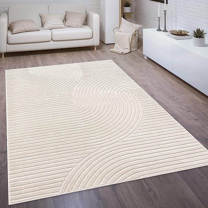 Paco Home Modern Area Rug with Raised Curved Line Pattern – Minimalist Design in Cream, Size: 4' x 5'7"