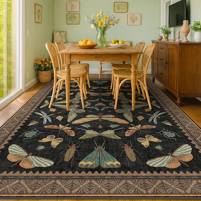 Large Black Rug for Living Room - Area Rugs 9x12 Dining Room Table, Large Bedroom Under Bed, Unique Insect Bug Home Décor, Foldable Soft Stain Resistant