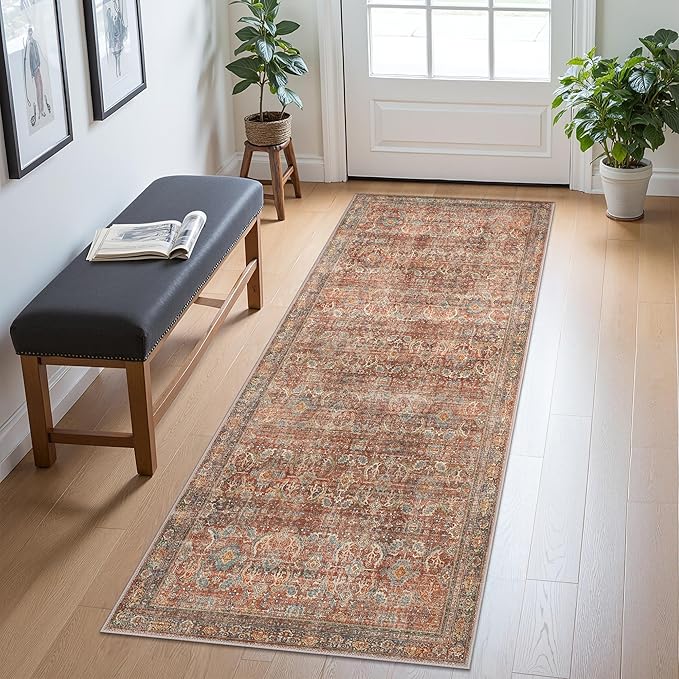 2x8 Runner Rug Machine Washable Boho Runners for Hallway,Ultra-Thin Low Pile Rug,Lightweight Indoor Carpet,Non Slip Floral Runners for Enrtyway, Corridor, Home Office, Kitchen,Terracotta/Indigo