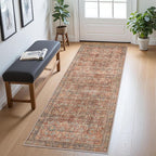 2x8 Runner Rug Machine Washable Boho Runners for Hallway,Ultra-Thin Low Pile Rug,Lightweight Indoor Carpet,Non Slip Floral Runners for Enrtyway, Corridor, Home Office, Kitchen,Terracotta/Indigo
