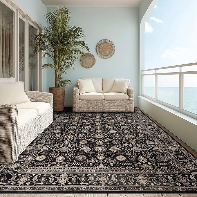 Area Rug Non Slip Machine Washable Ultra Soft Living Room/Bedroom/Kitchen/Outdoor/Classroom Black Gold, 8'×10'