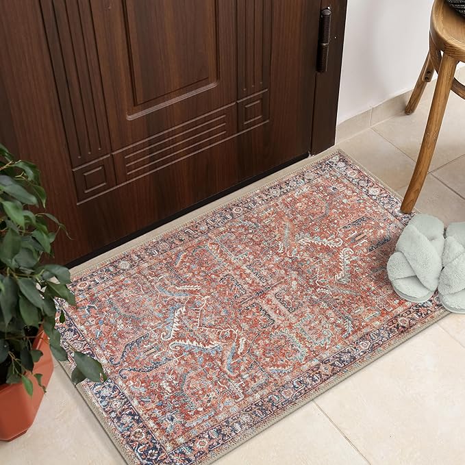 GLN Rugs Traditional Collection - Machine Washable Area Rug, Traditional Washable, Non Slip, Low Pile Chenille Rug, Living Room, Bedroom, Kitchen Rug (2' x 3' Terra/Multicolor 1168)