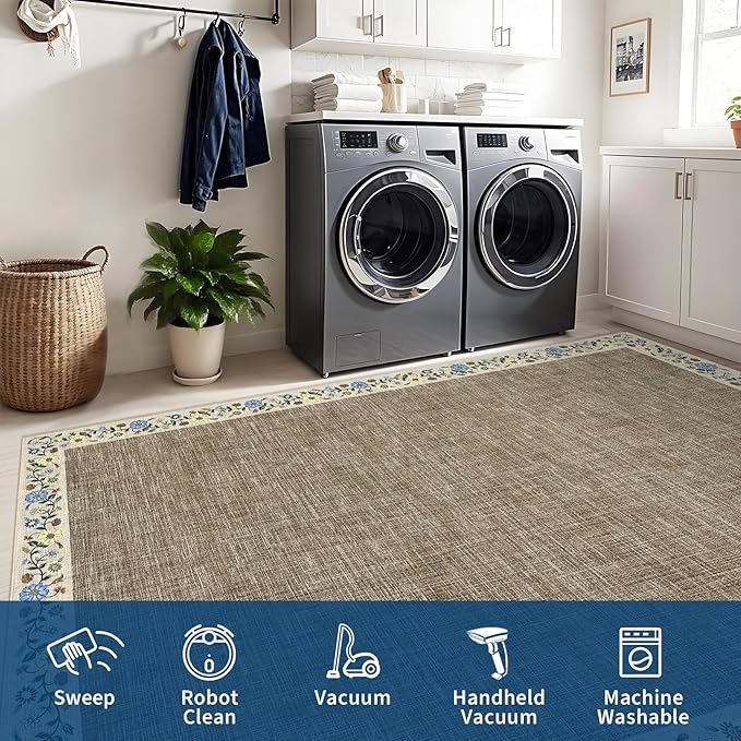 GarveeHome Washable Area Rugs for Bedroom 5x7 Living Room Modern Floral Throw Rugs Non-Slip Lightweight Thin Carpet Modern Farmhouse Print Non-Shedding Soft Low Pile Floor Cover, Dark Camel