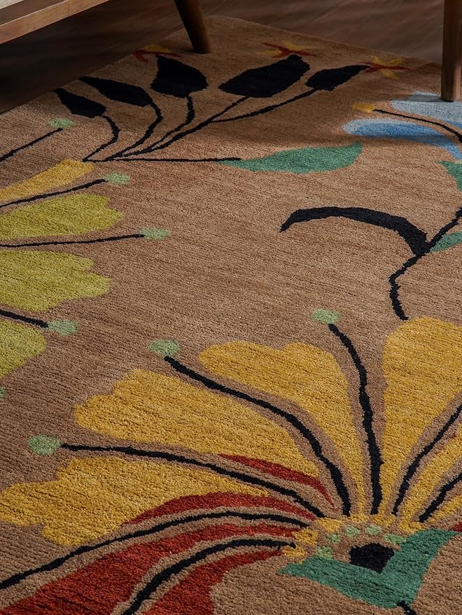 Rugsotic Carpets Hand Tufted Wool ECO-Friendly Area Rugs - 8'x10', Rectangle Shape, Camel, Floral Modern Design, High Pile Thick Handmade Anti Skid Area Rugs for Living Room, Bed Room (K00219)