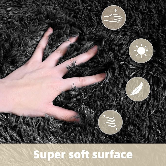 8x10 Solid Fluffy Black Area Rug – Washable, Durable, Extra Large Living Room Rug, Non-Slip High Pile Shag Rugs for Bedroom, Playroom, Nursery Rooms, Kids Room, Soft Indoor Floor Carpet Decor