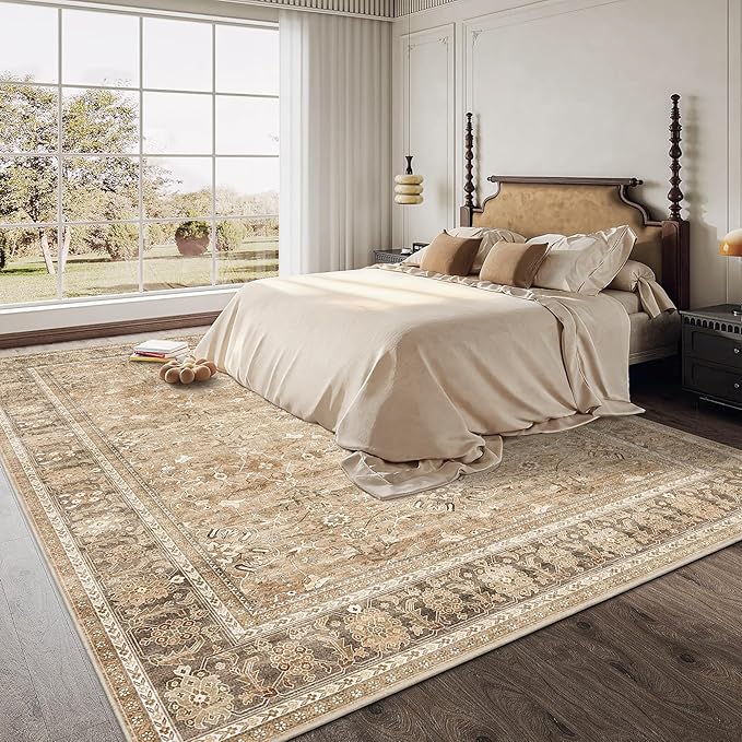 HelloTree Washable Rugs 9x12 Area Rug for Living Room, Vintage Boho Khaki Rug Non Slip Carpet Retro Accent Indoor Mat Print Distressed Low Pile Throw Large Rug for Office Dining Room Bedside-Khaki