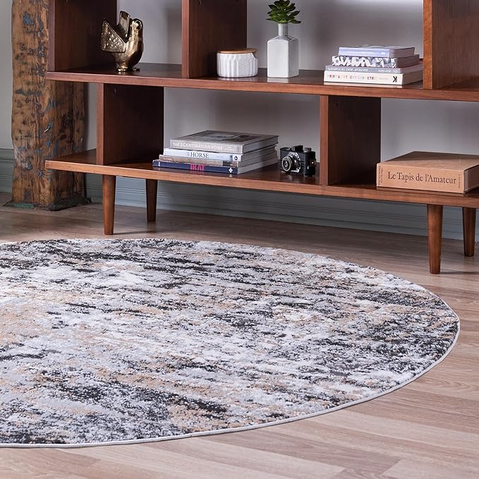 Rugs.com Leipzig Collection Rug – 4 Ft Round Beige Low-Pile Rug Perfect for Kitchens, Dining Rooms