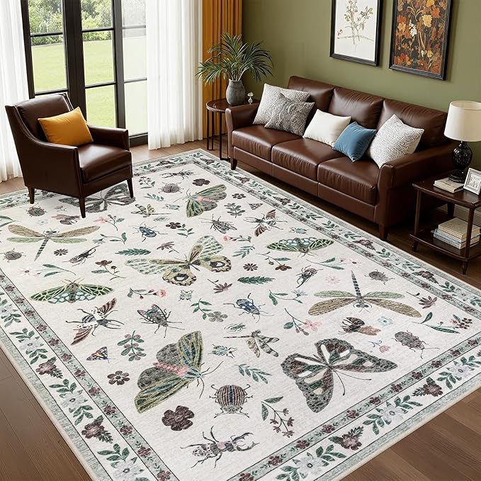8x10 Area Rugs Living Room Rug: Vintage Washable Rug Floral Soft Carpet Indoor Floor Non-Slip Boho Stain Resistant Large Carpets for Bedroom Kids Nursery Dining Room Farmhouse Home Office Beige