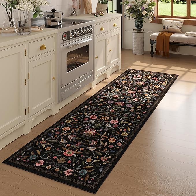 Vintage Medallion Floral Washable Runner Rug 2'7"x8', Non-Slip Low Pile Soft Carpet for Hallways, Laundry, Bedroom, Bathroom, Entryway | Black