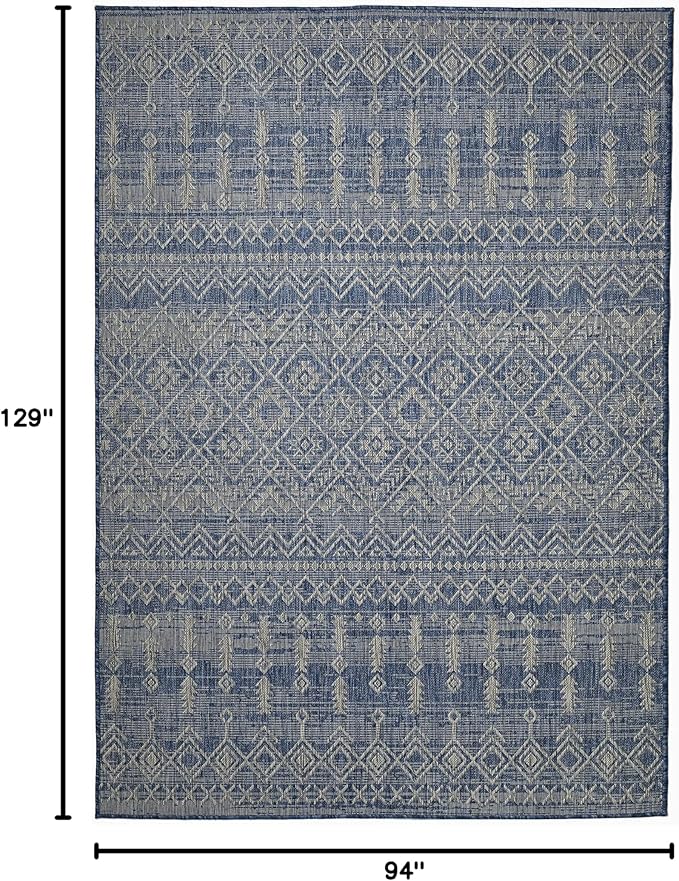FH Home Flat Woven Outdoor Rug - Waterproof, Easy to Clean, Stain Resistant - Premium Polypropylene Yarn - Boho Moroccan - Large Patio, Deck, Sunroom - Dakar - Blue - 7ft 10in x 10ft 9in