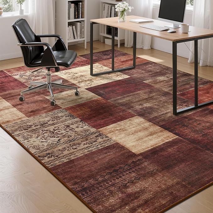 Tepook Modern Area Rug for Living Room, 5x7 Geometric Large Rugs for Bedroom, Washable Patchwork Rug Indoor Non-Slip Throw Carpets for Dining Room Office Farmhouse Home Decor, Red