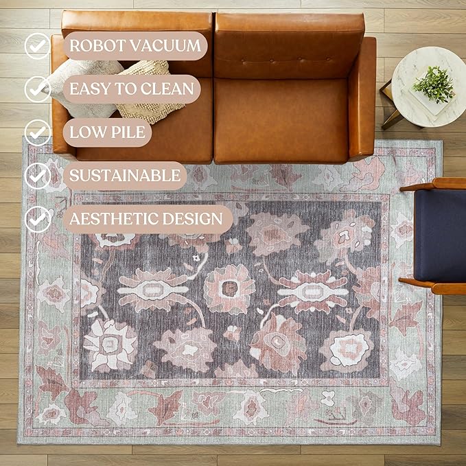 Fame Living Green Oushak Runner Rug, Modern Runners, Vintage, Turkish, Eclectic, Floral, Pastel, Washable, Runner for Hallway, Kitchen, Bedroom, Bathroom, 2'5"x9'8"