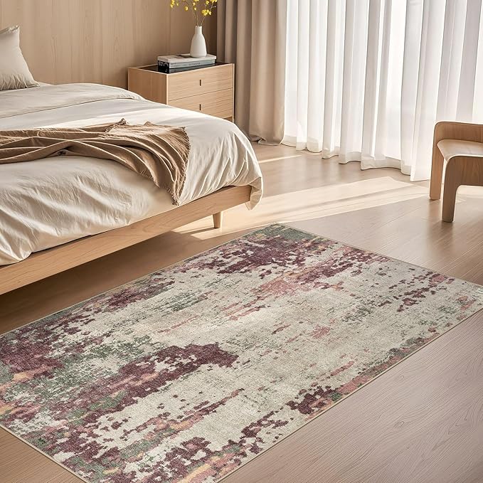 3x5 Area Rug Living Room Rugs - Washable Neutral Modern Abstract Soft Thin Rug Indoor Floor No Slip Rug Carpet for Bedroom Under Dining Table Home Office Decor - Purple/Green/Beige