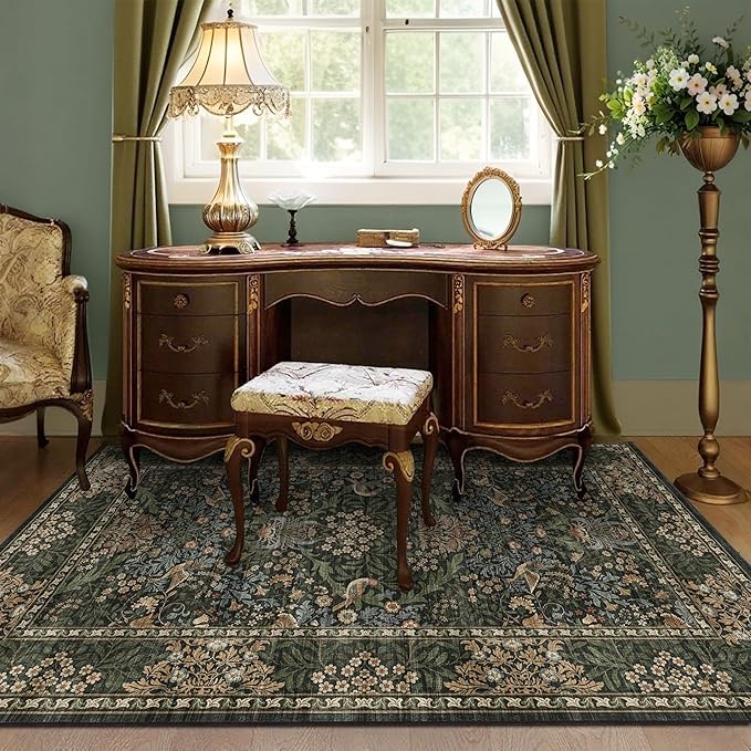 3x5 Floral Washable Area Rug for Living Room, Vintage Boho Rugs for Bedroom Dining Room, Botanical Birds Non Slip Low Pile Forest Throw Carpet for Farmhouse Office, Retro Gold/Green