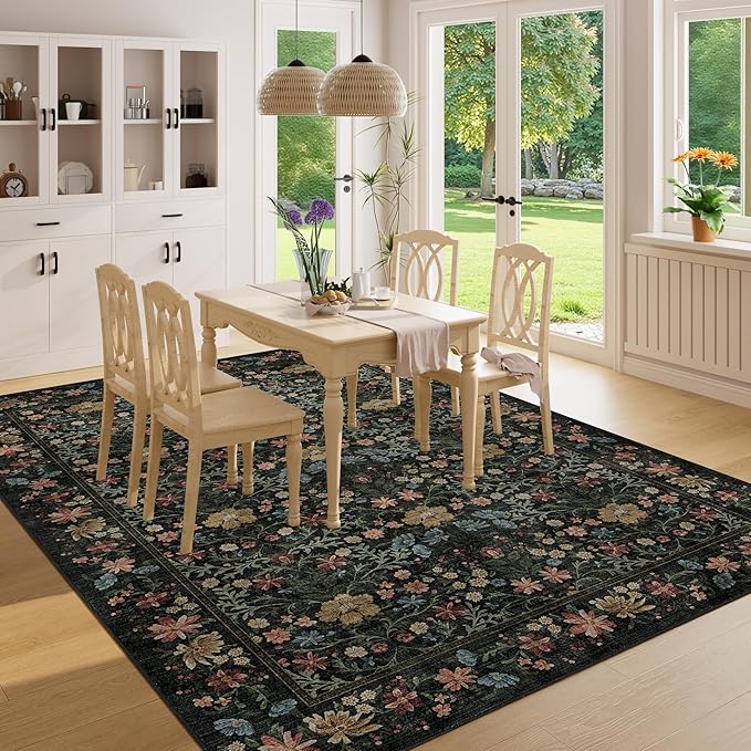 DUKINO 6x9 Rugs for Living Room, Vintage Washable Rug with Non Slip Backing, Floral Low Pile & Non-Shedding Large Area Carpets for Bedroom, Dining Room, Farmhouse, Home Office, Black