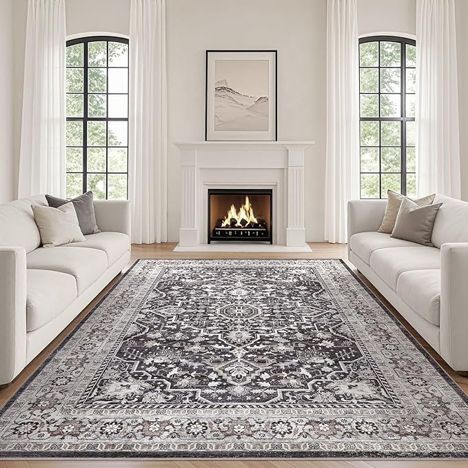 Black Rug Living Room Rugs: 12x15 Washable Boho Large Vintage Moody Soft Distressed Oriental Stain Resistant Non-Slip Indoor Floor Carpet for Bedroom Playroom Office Dining Room Retro Home House