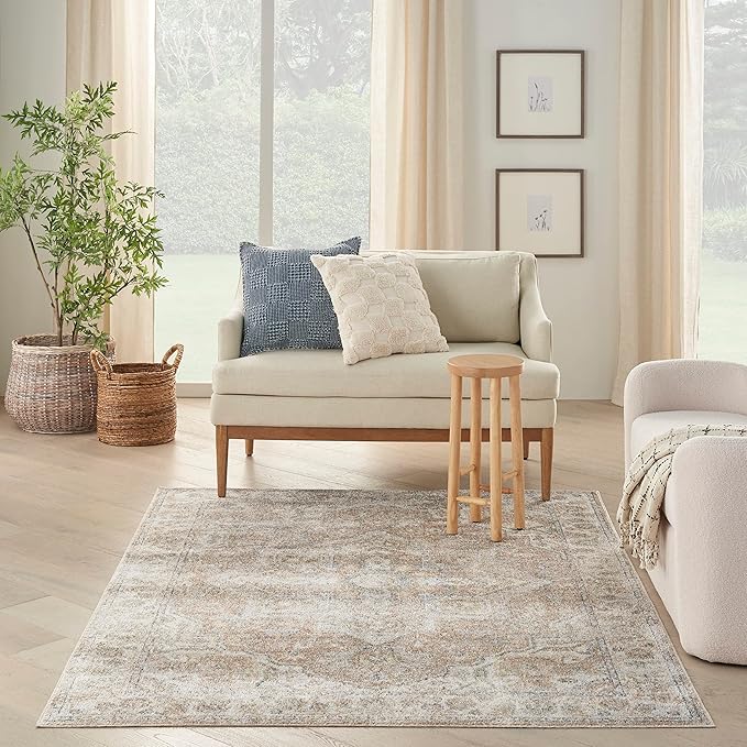 Nourison Home Astra Machine Washable Beige 6'7" x 9' Area Rug - Easy Clean, Non Shedding, Bed Room, Living Room, Dining Room, Kitchen (7' x 9')
