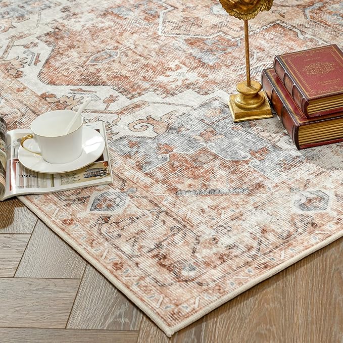 jinchan Area Rug 6x9 Washable Living Room Rug Vintage Indoor Large Floor Cover Distressed Lightweight Non-Slip Low Pile Thin Mat Accent Stain Resistant Carpet for Bedroom Dining Room Office Brick Red