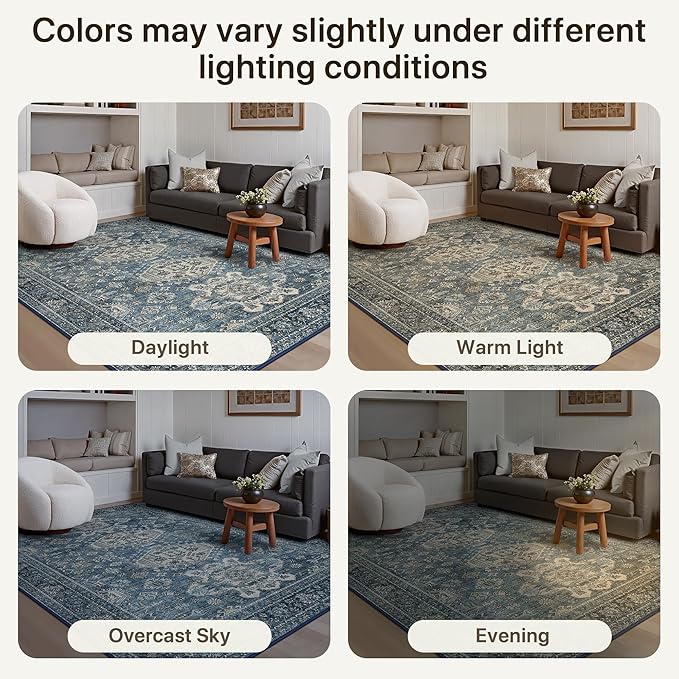 Bavni Washable Rug 2x4, Non Slip Small Runner for Entryway, Kitchen or Bathroom, Vintage Print Thin Low Pile Indoor Carpet, Blue