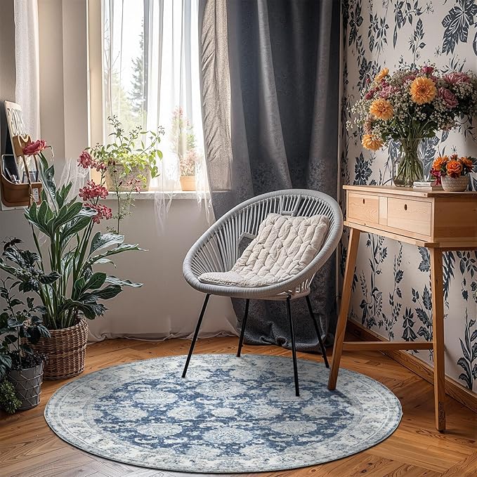 jinchan Fiora Round Rug 5ft Area Rug - Indoor Vintage Hallway Circle 5' Washable - Ultra-Thin Low Pile Soft Small Non Slip Distressed Floral Print for Living Room Bedroom Entryway Dark Blue