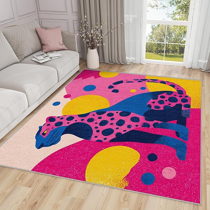 Leopard Rugs for Living Room - 5x6ft - Colorful Abstract Geometric Animal Pop Art Rug for Bedroom Non Slip Low Pile Machine Washable Area Rugs, Leopard Carpets House Decor & Gifts