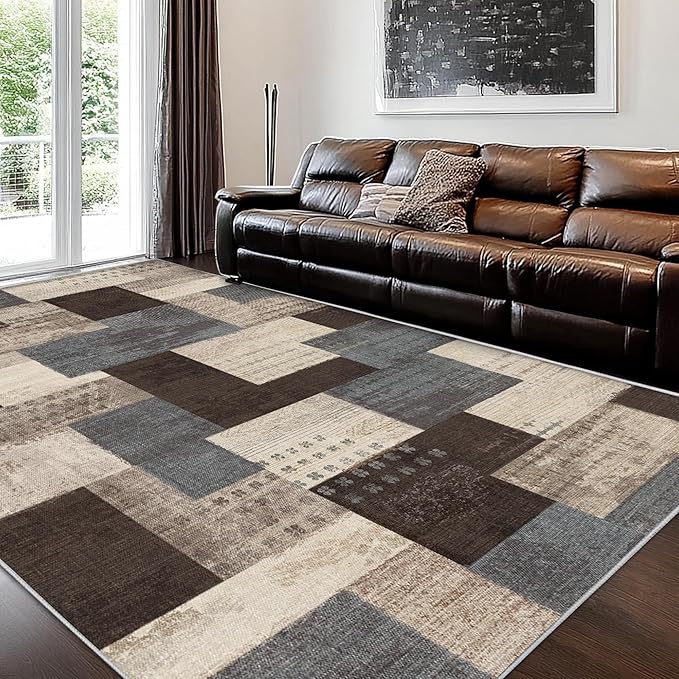 Modern Geometric Patchwork Indoor Area Rug for Living Room, Blue-Taupe 8'x 10' Large Rug Rockwood Collection Hardwood Floors Decor for Bedroom, Blue Throw Carpet for Office Entryway Dining Room