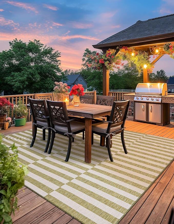 Unique Loom Outdoor Striped Collection Area Rug - Striped (7' 10" Square Green/Ivory)