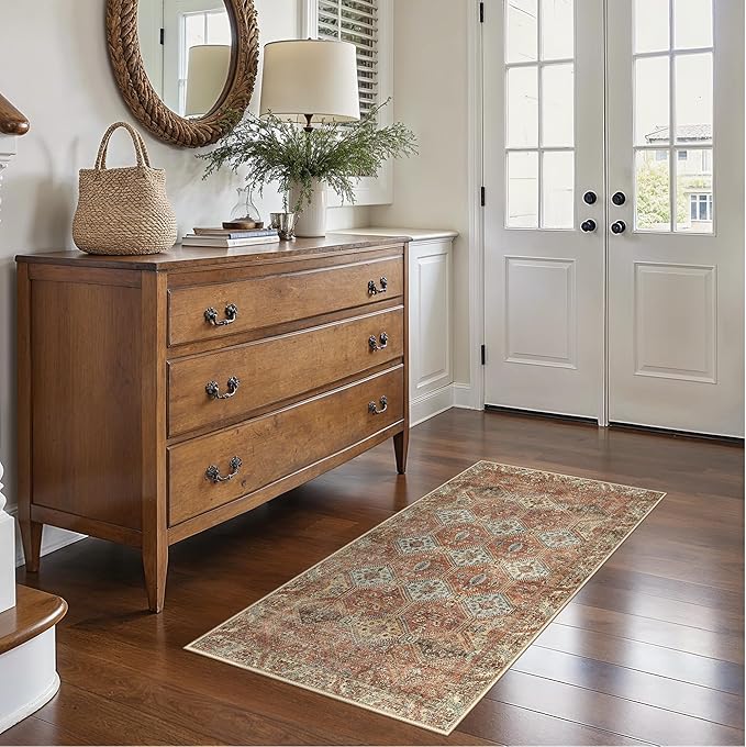 Bavni 3x5 Area Rugs for Living Room, Machine Washable Rug Non Slip, Vintage Chenille Distressed Print Carpet, Large Low Pile Ultra-Thin Lightweight Rugs for Bedroom, Dining Room, Office, Spice Sky