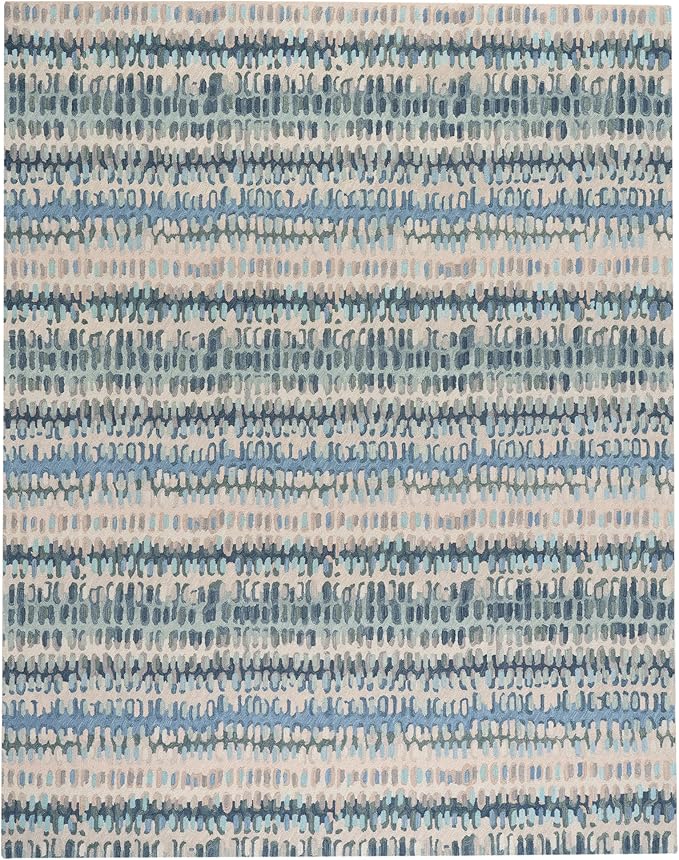 Dash & Albert Paint Chip Stone Hand Micro Hooked Wool Rug, 7.5 X 9.5 Feet, Blue/Green Geometric Pattern
